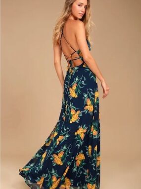 Lulus Adventure Seeker Navy Blue & Yellow Floral Print Maxi Dress, S